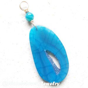 Blue Agate Geode Slice with Sugar Crystal Rim - Pendant - Azure & Ocean Blues